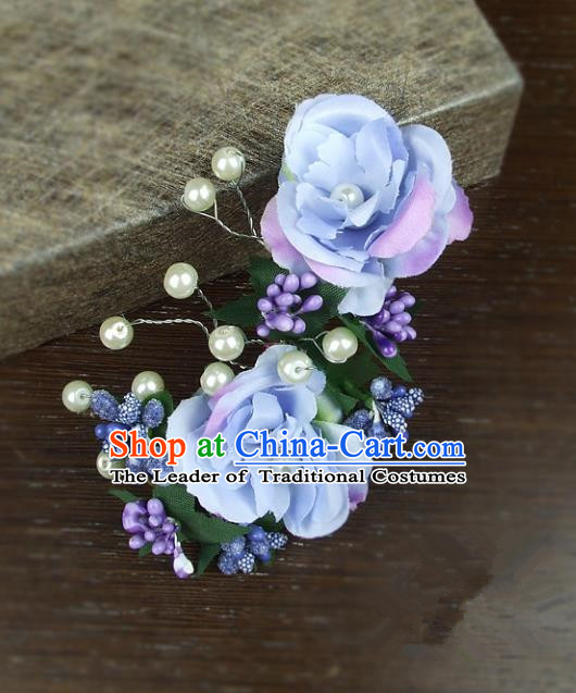 Top Grade Handmade Wedding Hair Accessories Blue Rose Flowers Headdress, Baroque Style Bride Headwear for Women
