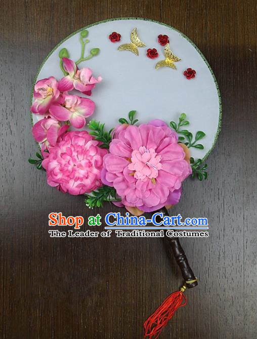 Traditional Handmade Chinese Ancient Wedding Pink Peony Round Fans, Hanfu Palace Lady Bride Mandarin Fans for Women