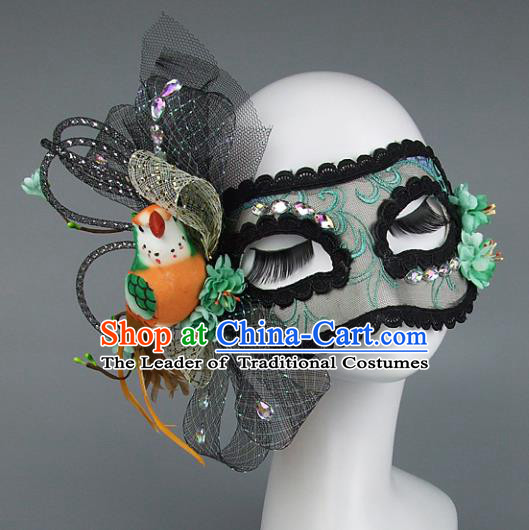 Top Grade Handmade Exaggerate Fancy Ball Accessories Model Show Veil Green Lace Mask, Halloween Ceremonial Occasions Face Mask