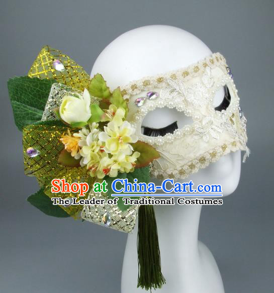 Top Grade Handmade Exaggerate Fancy Ball Accessories Yellow Flowers Lace Mask, Halloween Model Show Ceremonial Occasions Face Mask