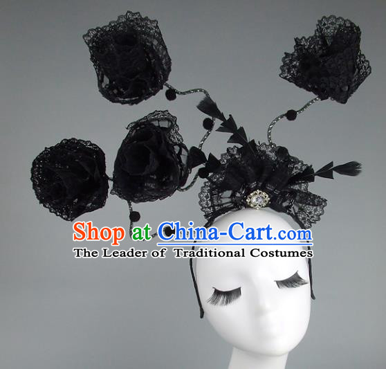Handmade Halloween Black Lace Hair Accessories Model Show Headdress, Halloween Ceremonial Occasions Miami Deluxe Exaggerate Fancy Ball Headwear