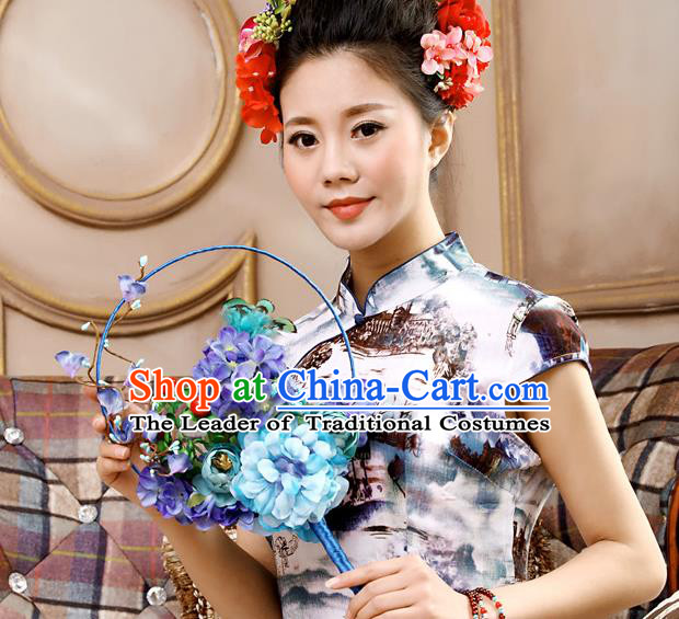 Traditional Handmade Chinese Ancient Wedding Blue Flowers Butterfly Round Fans, Hanfu Palace Lady Bride Xiuhe Suit Mandarin Fans for Women