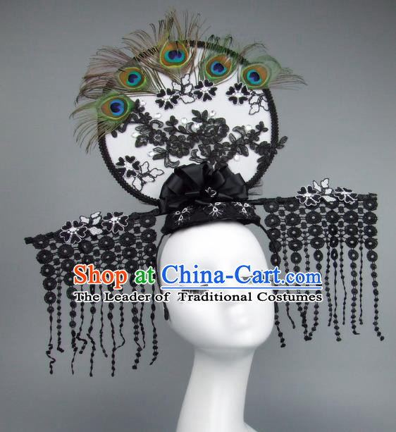 Handmade Asian Chinese Fan Hair Accessories Lace Tassel Headwear, Halloween Ceremonial Occasions Manchu Model Show Headdress