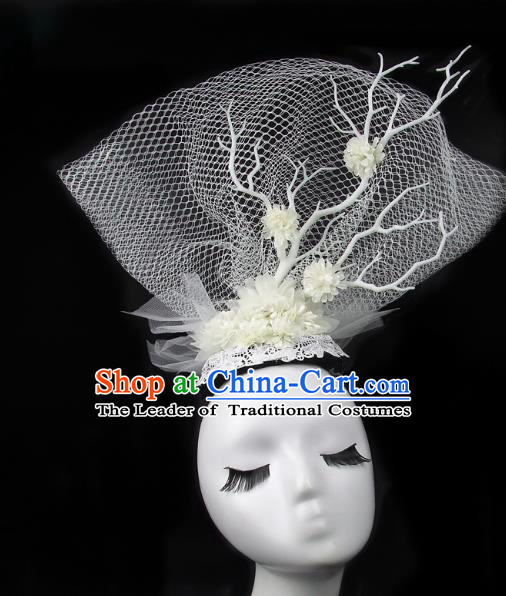 Handmade Exaggerate Fancy Ball Hair Accessories White Veil Headwear, Halloween Ceremonial Occasions Model Show Headdress