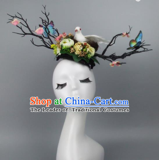 Handmade Exaggerate Fancy Ball Hair Accessories Branch Butterfly Headwear, Halloween Ceremonial Occasions Model Show Headdress