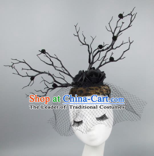Handmade Exaggerate Fancy Ball Hair Accessories Branch Brown Top Hat, Halloween Ceremonial Occasions Model Show Headdress