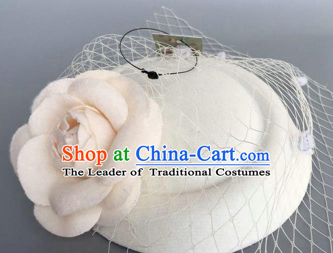 Handmade Wedding Vintage Hair Accessories White Wool Flower Top Hat, Bride Ceremonial Occasions Model Show Headdress