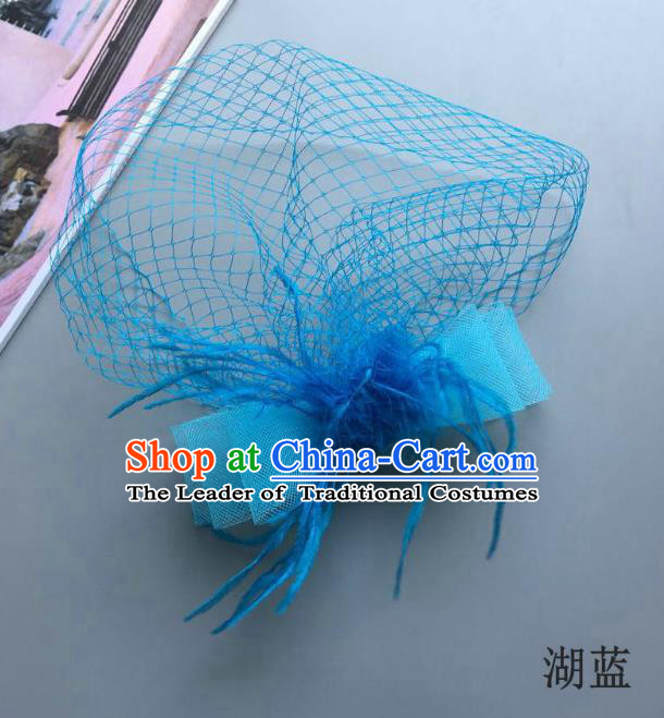 Handmade Vintage Hair Accessories Veil Blue Bowknot Headwear, Bride Ceremonial Occasions Model Show Headdress