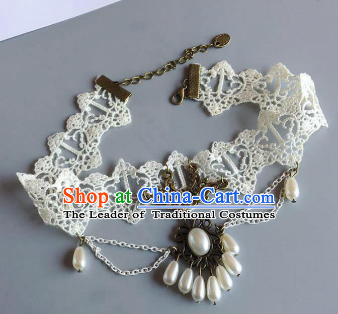 Handmade Wedding Accessories White Lace Pearls Tassel Necklace, Bride Ceremonial Occasions Vintage Necklet for Women