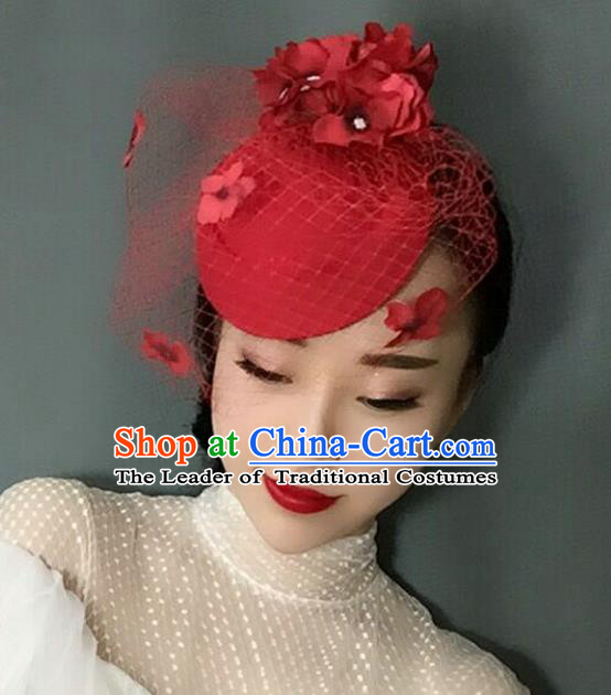Handmade Baroque Hair Accessories Red Veil Flowers Headwear, Bride Ceremonial Occasions Vintage Top Hat for Women