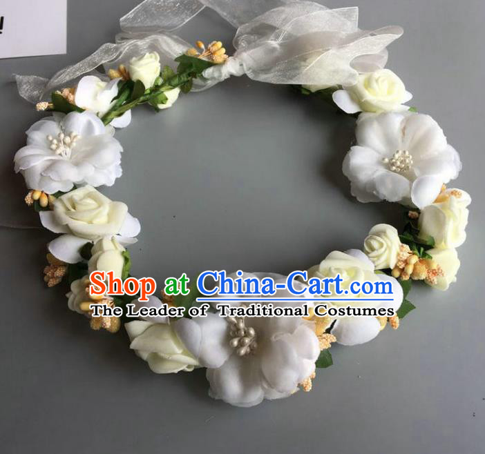 Handmade Baroque Wedding Hair Accessories White Flowers Garland Headwear, Bride Ceremonial Occasions Vintage Hair Clasp for Women