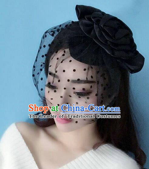 Handmade Baroque Hair Accessories Black Veil Mask, Bride Ceremonial Occasions Exaggerate Hair Clasp for Women