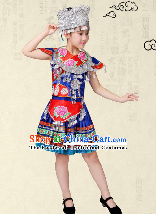 Traditional Chinese Miao Nationality Dance Costume, Hmong Children Folk Dance Ethnic Pleated Skirt Embroidery Clothing for Kids