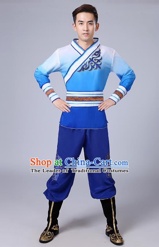 Traditional Chinese Classical Yangge Dance Embroidered Costume, Folk Fan Dance Uniform Drum Dance Blue Clothing for Men