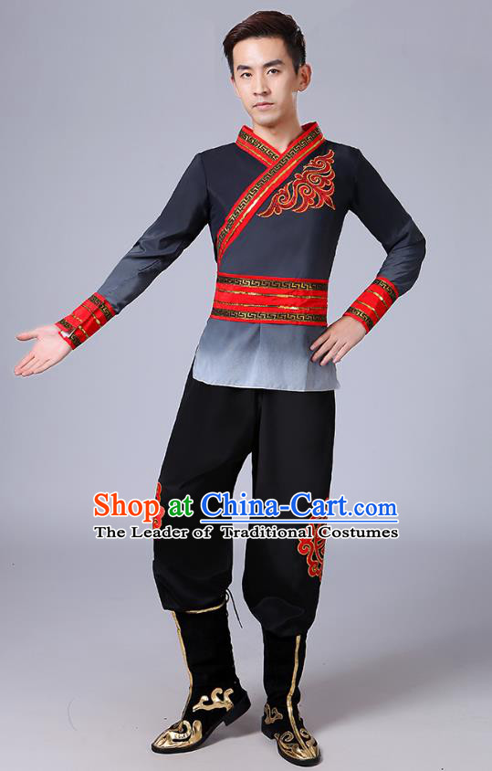 Traditional Chinese Classical Yangge Dance Embroidered Costume, Folk Fan Dance Uniform Drum Dance Black Clothing for Men