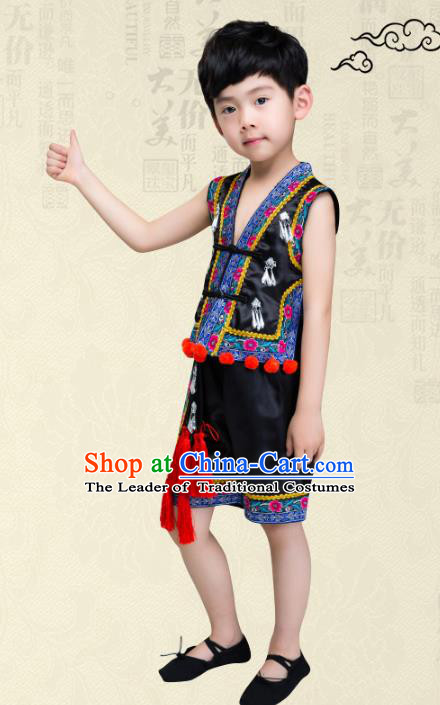 Traditional Chinese Miao Nationality Dance Costume, Children Folk Dance Ethnic Embroidery Black Clothing for Boys