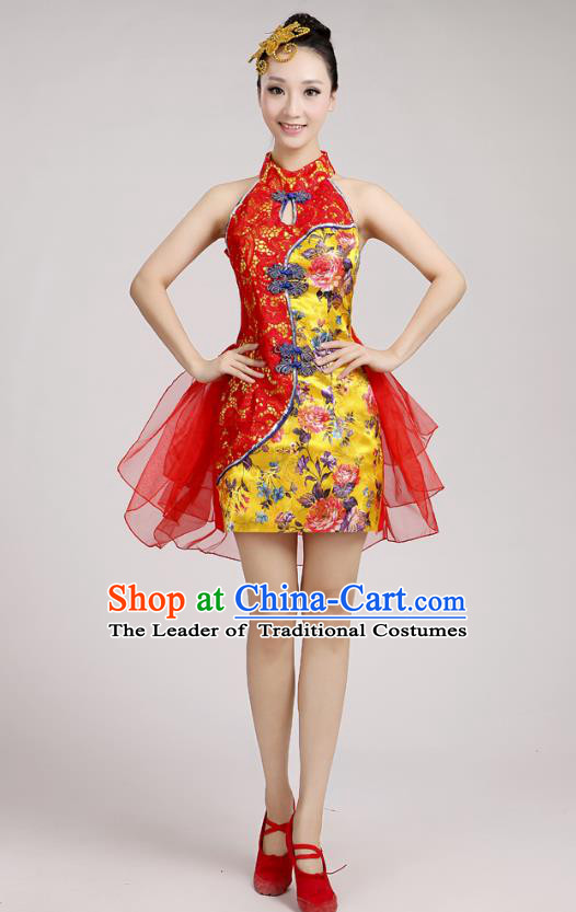 China Modern Dance Professional Competition Costume, Opening Dance Red Embroidered Bubble Dress for Women