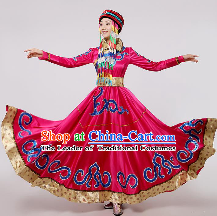 Traditional Chinese Mongol Nationality Dance Rosy Costume, China Mongolian Minority Embroidery Long Dress Clothing for Women