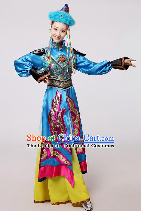 Traditional Chinese Mongol Nationality Dance Blue Costume, China Mongolian Minority Embroidery Long Dress Clothing for Women