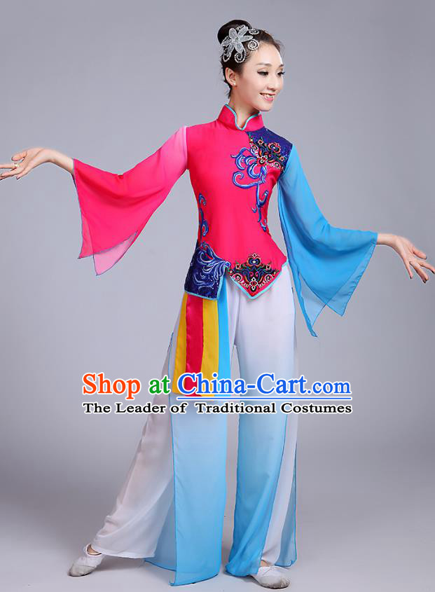 Traditional Chinese Classical Yanko Dance Embroidered Rosy Costume, Folk Yangge Dance Uniform Drum Dance Clothing for Women
