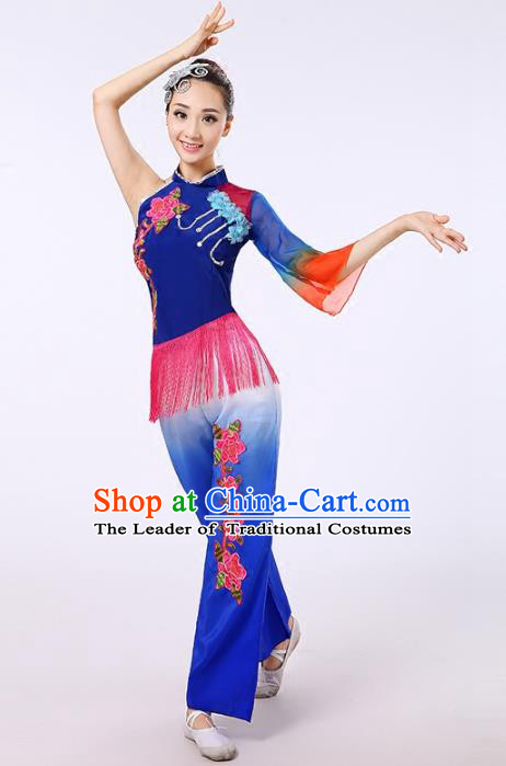 Traditional Chinese Classical Yanko Dance Embroidered Peony Blue Costume, Folk Yangge Dance Uniform Drum Dance Clothing for Women