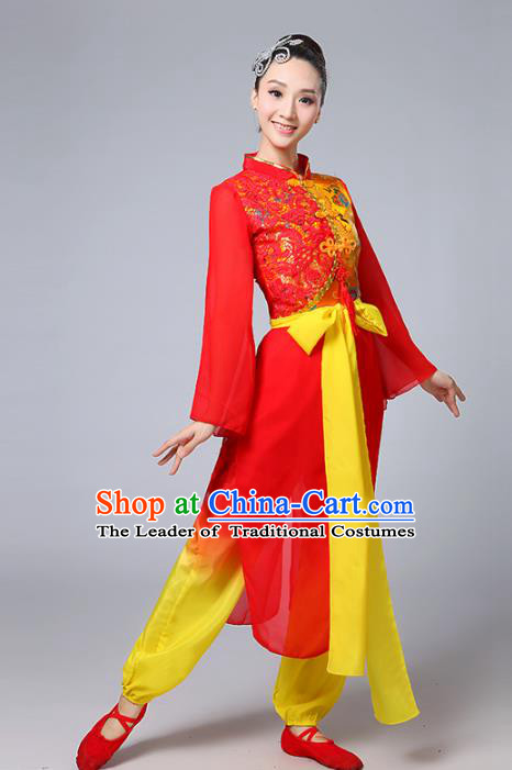 Traditional Chinese Classical Yanko Dance Red Costume, Folk Yangge Fan Dance Uniform Lotus Dance Clothing for Women