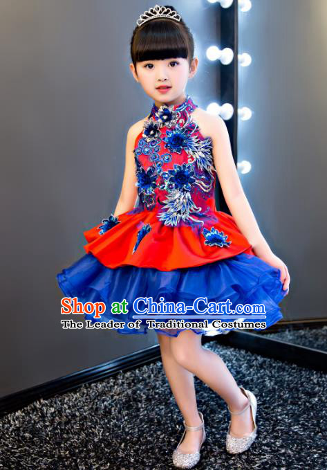 China Modern Dance Professional Competition Costume, Opening Dance Blue Embroidered Bubble Dress for Kids