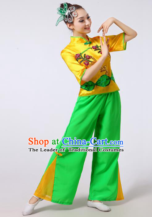 Traditional Chinese Classical Yanko Dance Short Sleeve Costume, Folk Yangge Fan Dance Uniform Waist Drum Dance Clothing for Women