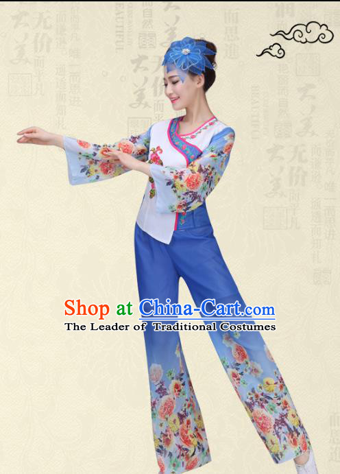 Traditional Chinese Classical Yanko Dance Printing Flowers Costume, Folk Yangge Fan Dance Uniform Waist Drum Dance Blue Clothing for Women