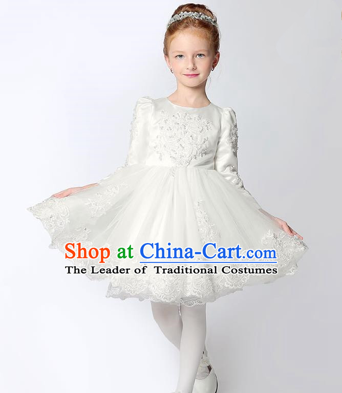 Children Modern Dance Costume Embroidery White Short Bubble Dress, Ceremonial Occasions Performance Princess Veil Full Dress for Girls