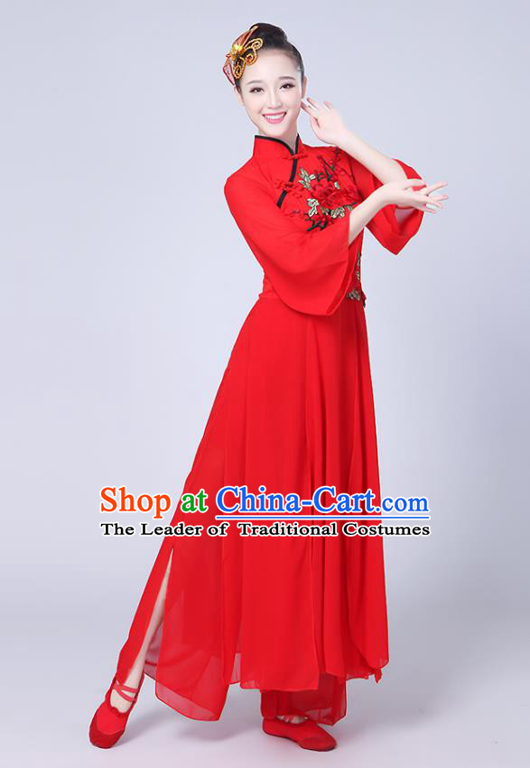 Traditional Chinese Classical Yanko Dance Embroidered Costume, Folk Fan Dance Red Uniform Umbrella Dance Dress for Women