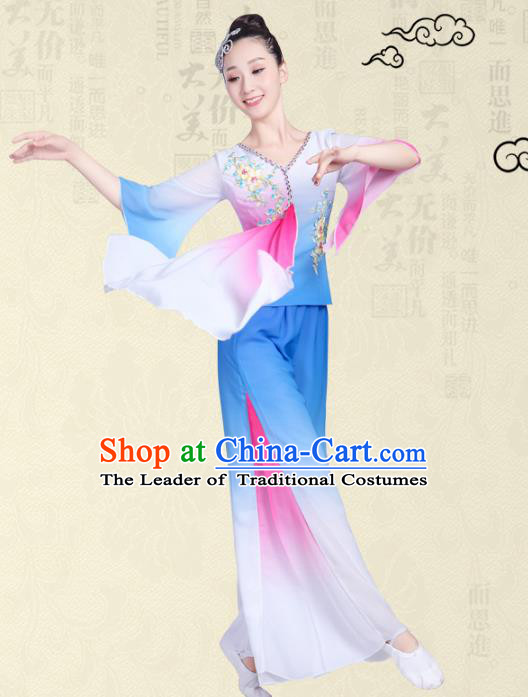 Traditional Chinese Classical Yanko Dance Embroidered Costume, Folk Fan Dance Blue Uniform Umbrella Dance Dress for Women