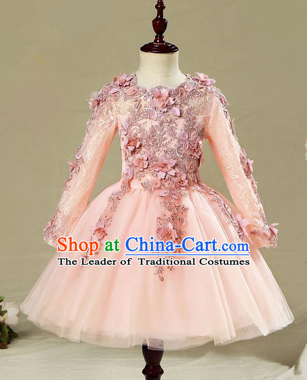 Children Modern Dance Flower Fairy Costume Pink Bubble Dress, Performance Model Show Clothing Princess Veil Short Full Dress for Girls
