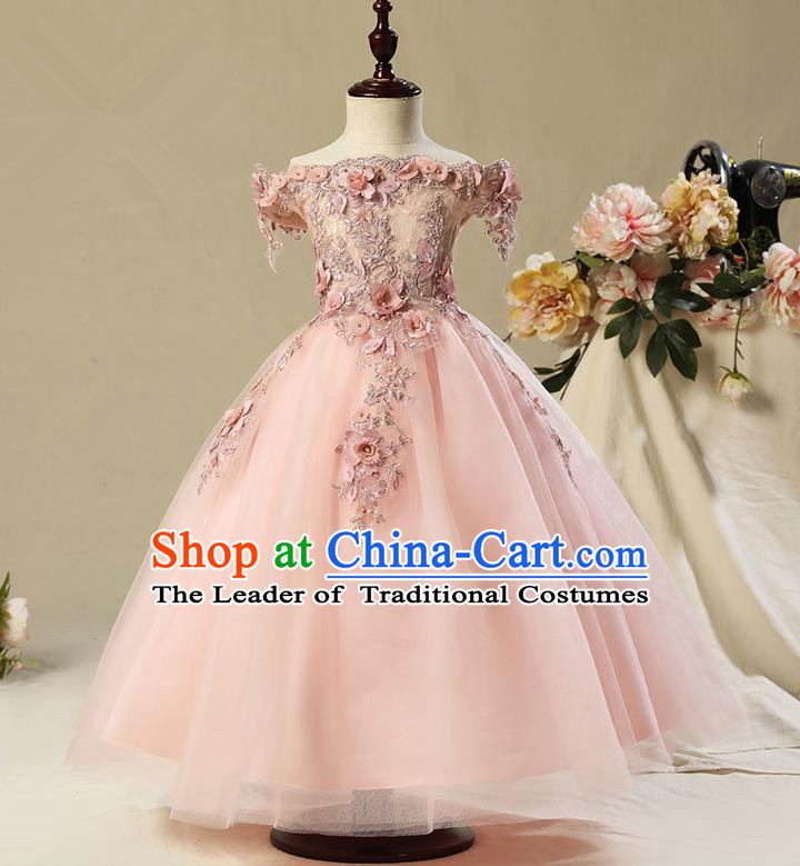 Children Modern Dance Flower Fairy Costume, Classic Chorus Group Clothing Princess Pink Bubble Veil Dress for Girls