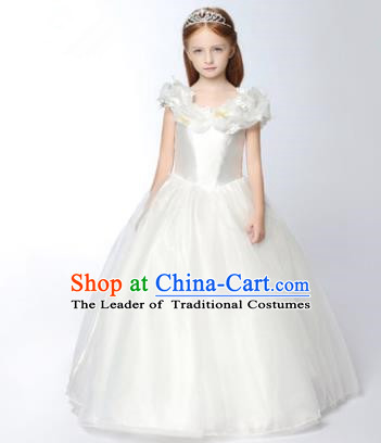 Children Modern Dance Flower Fairy Costume White Long Bubble Dress, Performance Model Show Clothing Princess Veil Full Dress for Girls