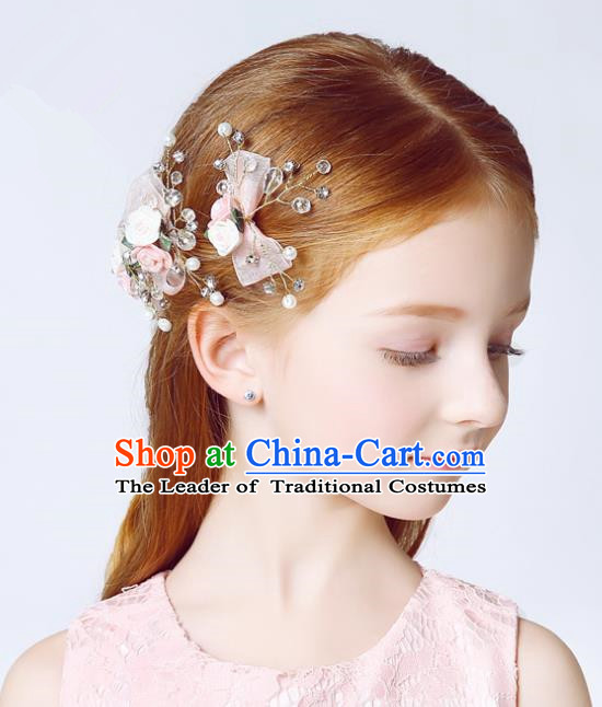 Handmade Children Hair Accessories Crystal Hair Stick, Princess Model Show Headwear Pink Bowknot Hair Clasp for Kids