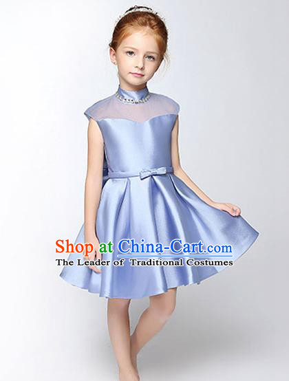 Children Modern Dance Flower Fairy Costume Blue Dress, Performance Model Show Clothing Princess Short Full Dress for Girls