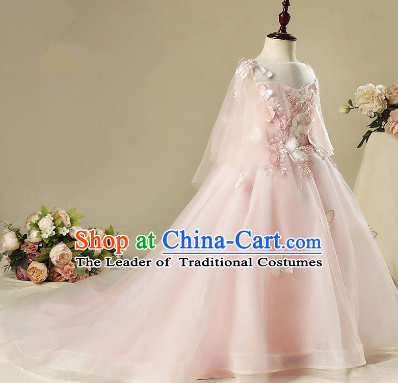 Children Modern Dance Costume Pink Trailing Dress, Ceremonial Occasions Model Show Princess Veil Full Dress for Girls