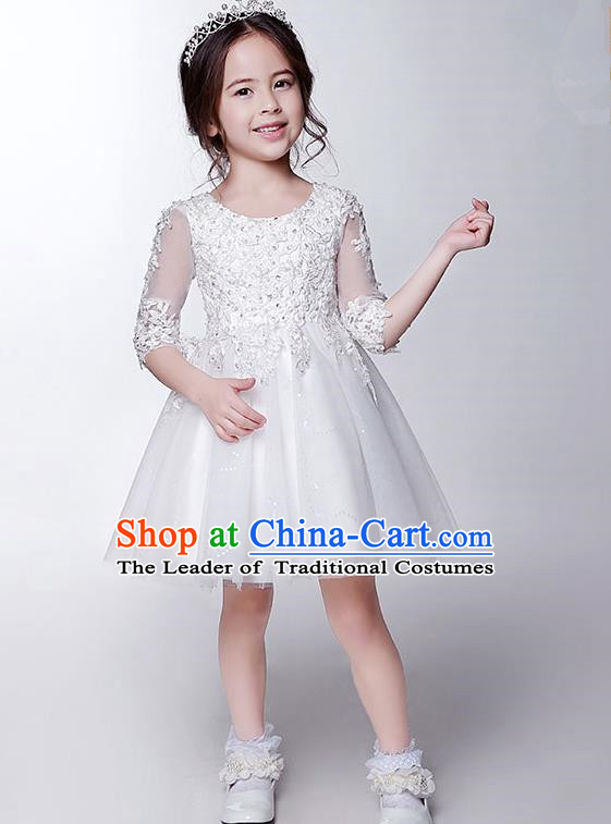 Children Modern Dance Costume White Beading Embroidery Dress, Ceremonial Occasions Model Show Princess Veil Short Full Dress for Girls