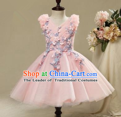 Children Modern Dance Costume Embroidery Pink Short Bubble Dress, Ceremonial Occasions Model Show Princess Veil Full Dress for Girls