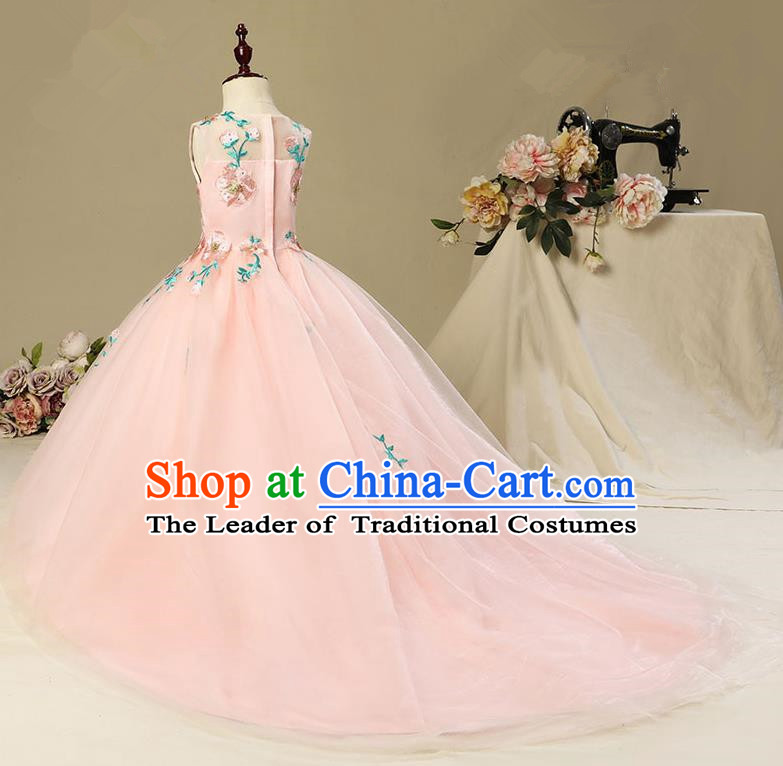 Children Model Show Dance Costume Embroidery Christmas Pink Trailing Dress, Ceremonial Occasions Catwalks Princess Full Dress for Girls