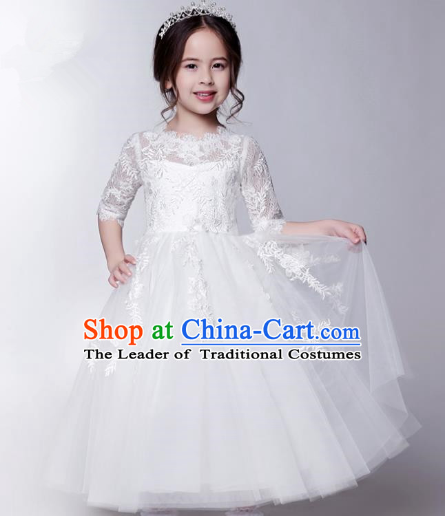 Children Model Show Dance Costume White Veil Lace Bubble Dress, Ceremonial Occasions Catwalks Princess Full Dress for Girls
