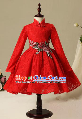 Children Christmas Model Show Dance Costume Red Lace Cheongsam, Ceremonial Occasions Catwalks Princess Full Dress for Girls