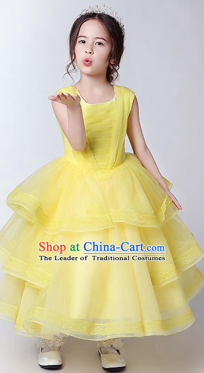 Children Christmas Model Show Dance Costume Yellow Veil Dress, Ceremonial Occasions Catwalks Princess Full Dress for Girls