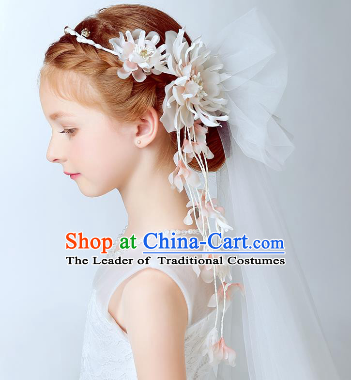 Handmade Children Hair Accessories Flowers Hair Clasp, Princess Halloween Model Show Bridal Veil Headwear for Kids