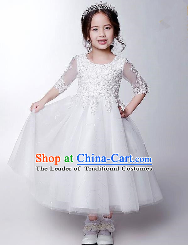 Children Christmas Model Show Dance Costume White Beading Dress, Ceremonial Occasions Catwalks Princess Full Dress for Girls