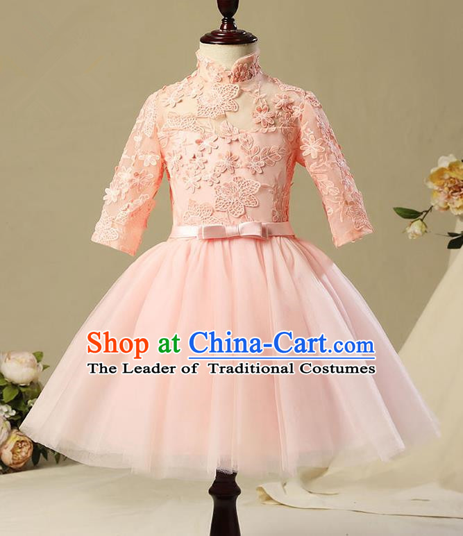 Children Model Show Dance Costume Pink Lace Short Dress, Ceremonial Occasions Catwalks Princess Full Dress for Girls