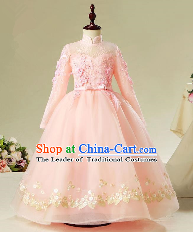 Children Model Show Dance Costume Pink Veil Dress, Ceremonial Occasions Catwalks Princess Full Dress for Girls