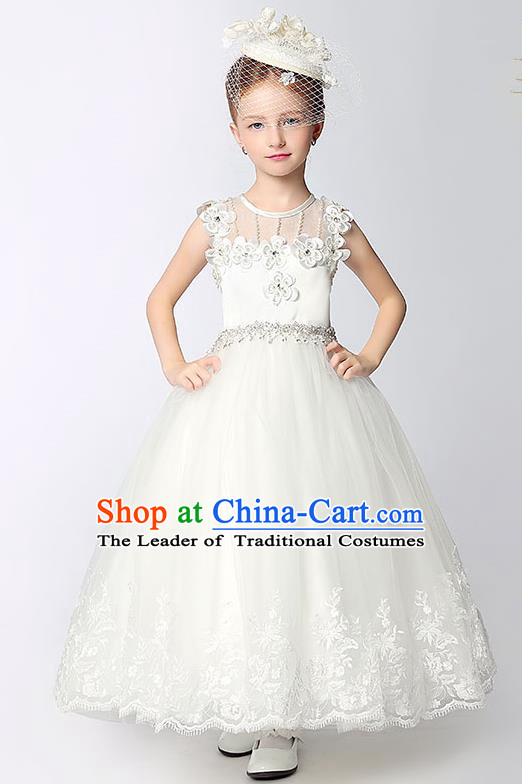 Children Model Show Dance Costume White Veil Long Dress, Ceremonial Occasions Catwalks Princess Full Dress for Girls