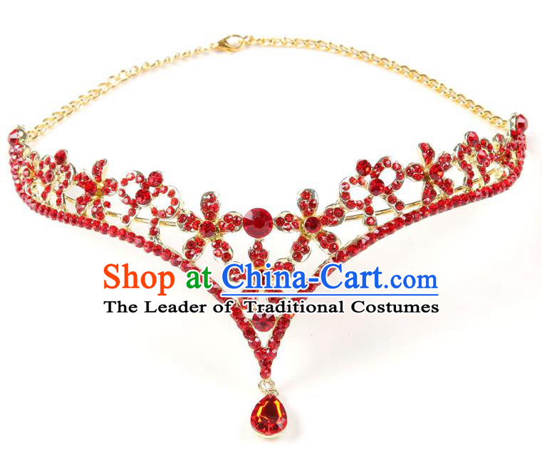 Handmade Children Hair Accessories Red Crystal Royal Crown Frontlet, Princess Halloween Model Show Hair Clasp Headwear for Kids